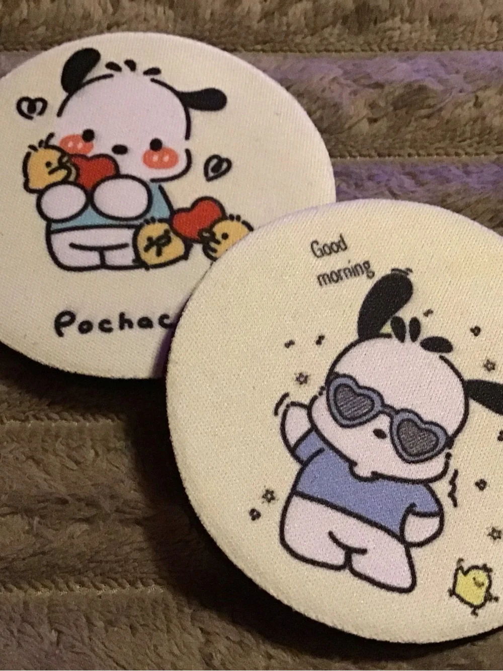 Set of two foam car coasters pochacoo design - White with Black & Pastel Accents